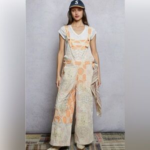 ✨ NWT POL Boho Floral Patchwork & Crochet Lace Overalls Orange Cream Size L ✨
